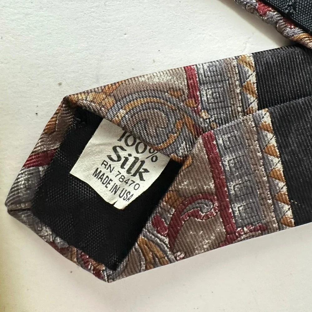 Surrey Mens Silk Tie Paisley Floral Striped Black Silver Burgundy Made in USA